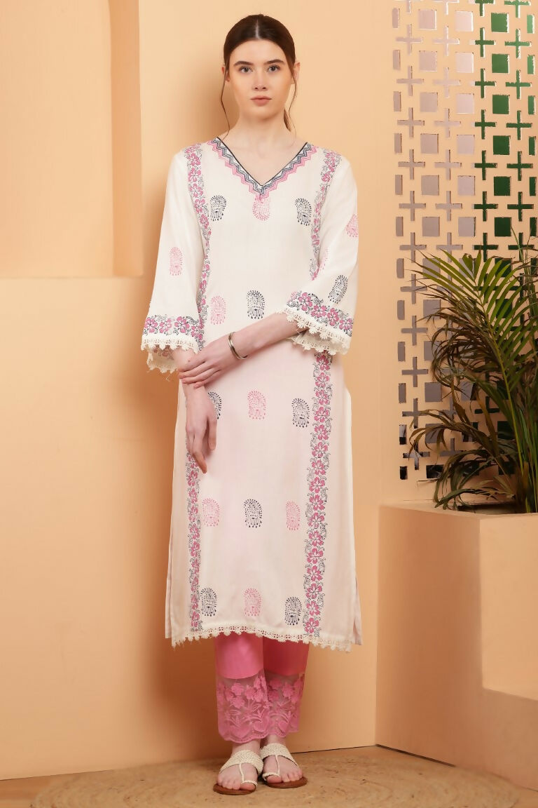 Cheera Women Stylish Hand Block Printed Cotton Blend Flared Kurta - Off White - Distacart