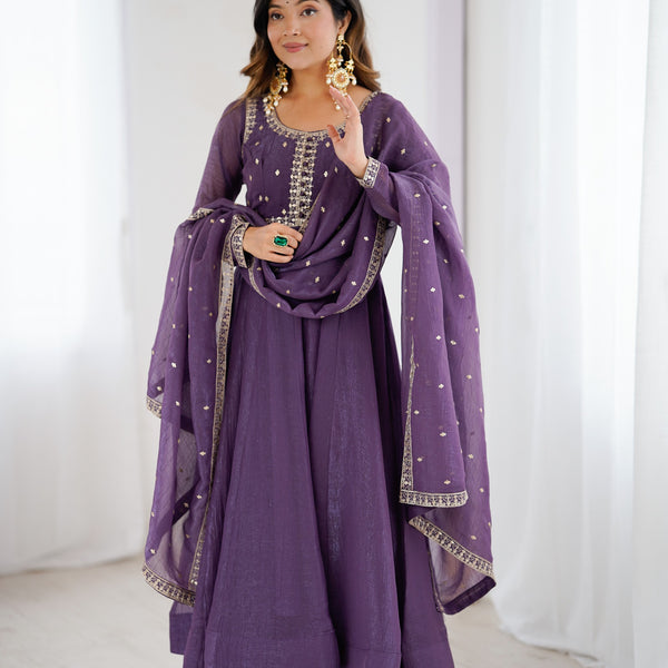 Lorenvalley Fashion Lavender Pure Crunchy Silk Embroidery Sequence Dori and zari Work Anarkali Gown Pant with Dupatta Set - Distacart
