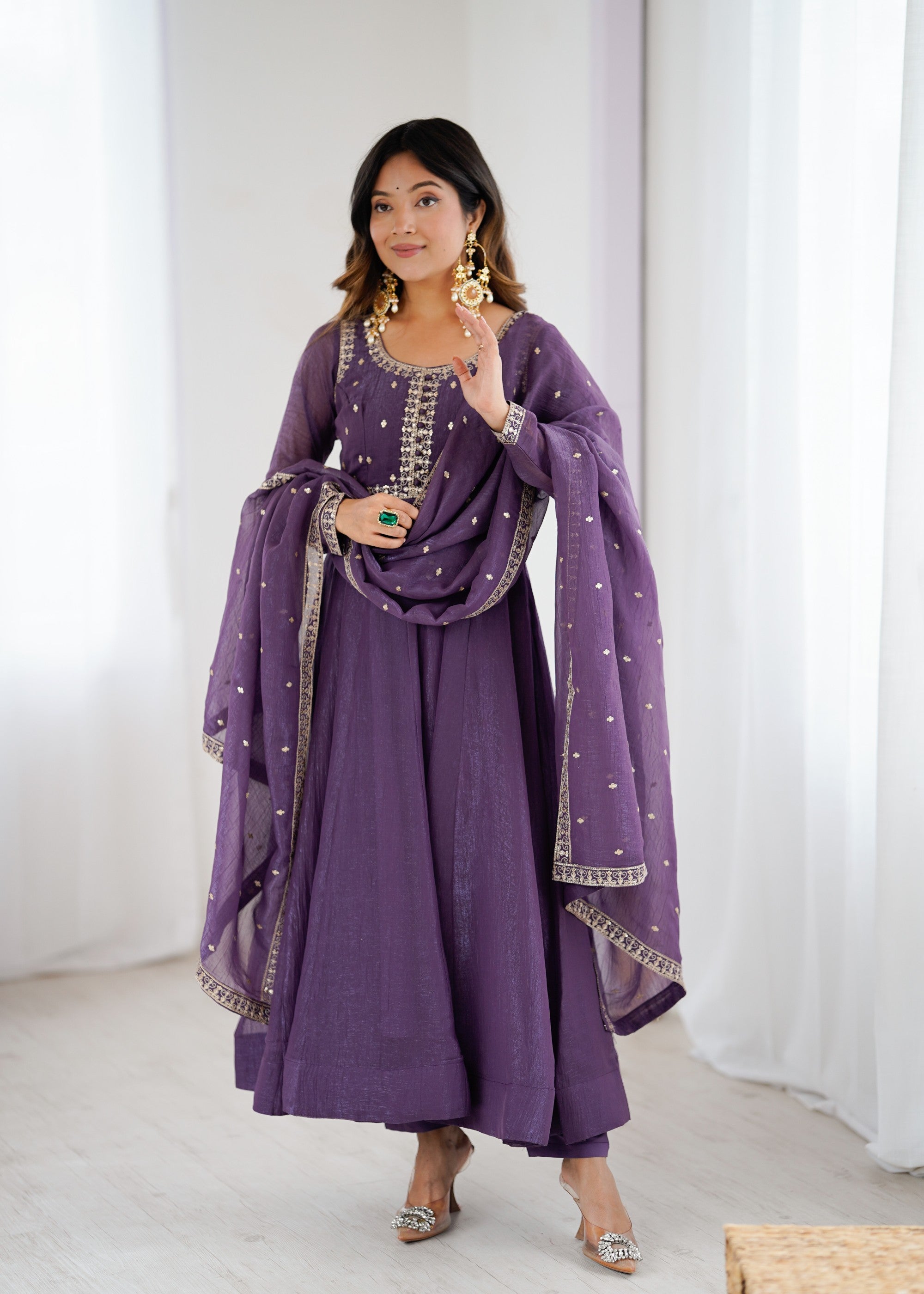 Lorenvalley Fashion Lavender Pure Crunchy Silk Embroidery Sequence Dori and zari Work Anarkali Gown Pant with Dupatta Set