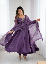Thumbnail for Lorenvalley Fashion Lavender Pure Crunchy Silk Embroidery Sequence Dori and zari Work Anarkali Gown Pant with Dupatta Set - Distacart