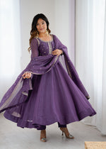 Thumbnail for Lorenvalley Fashion Lavender Pure Crunchy Silk Embroidery Sequence Dori and zari Work Anarkali Gown Pant with Dupatta Set - Distacart