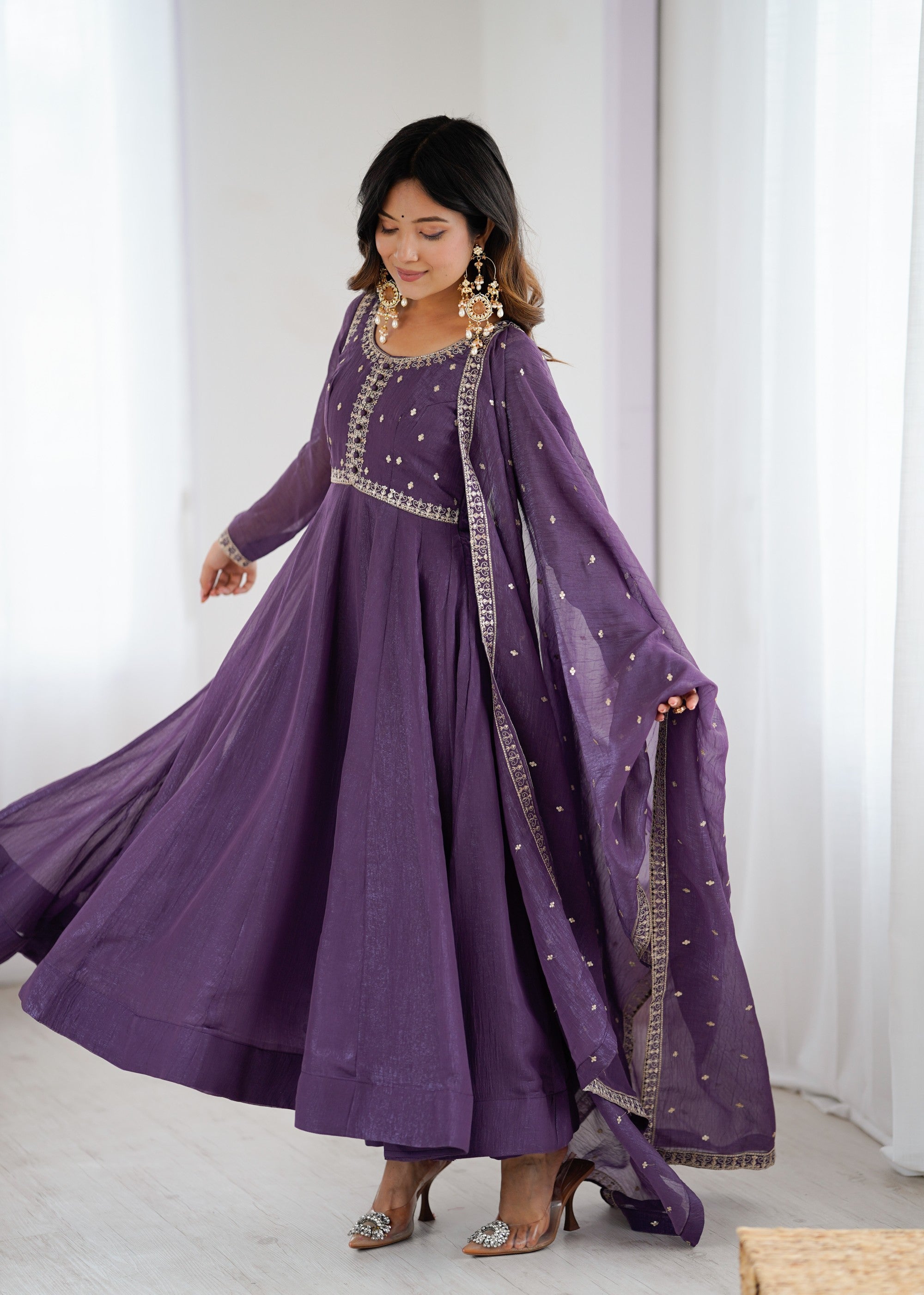 Lorenvalley Fashion Lavender Pure Crunchy Silk Embroidery Sequence Dori and zari Work Anarkali Gown Pant with Dupatta Set - Distacart