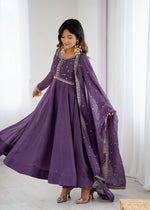 Thumbnail for Lorenvalley Fashion Lavender Pure Crunchy Silk Embroidery Sequence Dori and zari Work Anarkali Gown Pant with Dupatta Set - Distacart