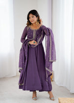 Thumbnail for Lorenvalley Fashion Lavender Pure Crunchy Silk Embroidery Sequence Dori and zari Work Anarkali Gown Pant with Dupatta Set - Distacart