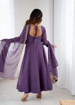 Thumbnail for Lorenvalley Fashion Lavender Pure Crunchy Silk Embroidery Sequence Dori and zari Work Anarkali Gown Pant with Dupatta Set - Distacart