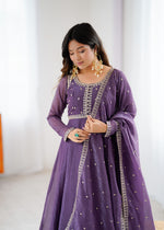 Thumbnail for Lorenvalley Fashion Lavender Pure Crunchy Silk Embroidery Sequence Dori and zari Work Anarkali Gown Pant with Dupatta Set - Distacart