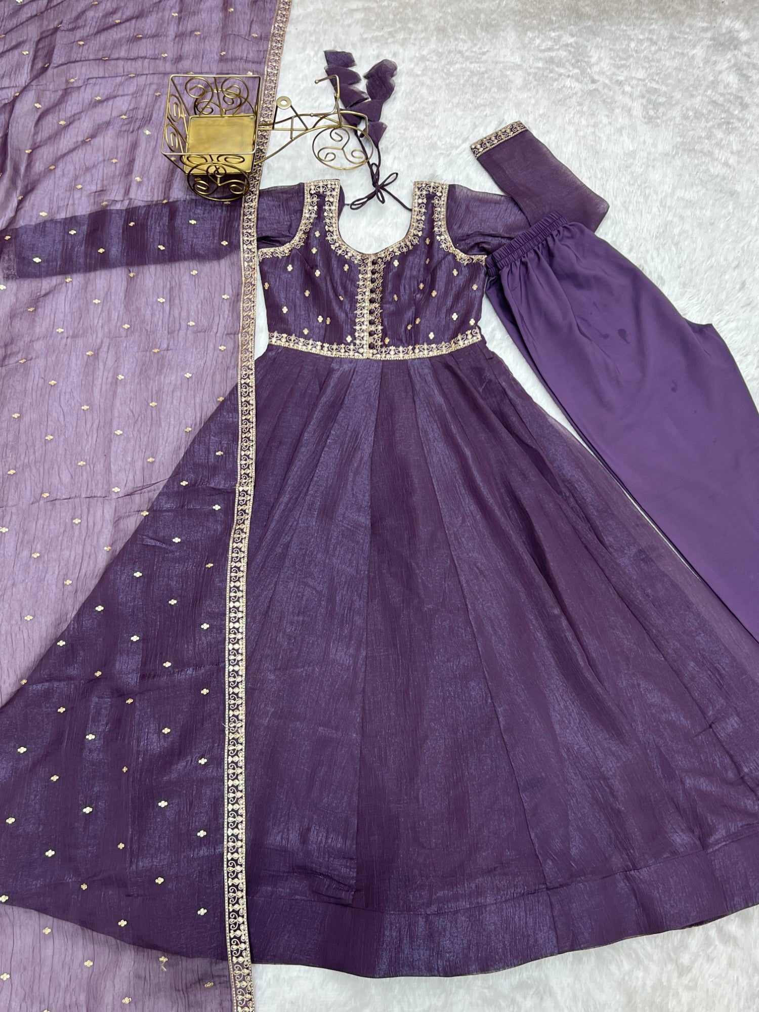 Lorenvalley Fashion Lavender Pure Crunchy Silk Embroidery Sequence Dori and zari Work Anarkali Gown Pant with Dupatta Set - Distacart