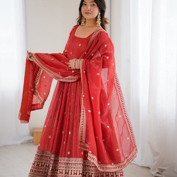 Lorenvalley Fashion Rust Crunchy Silk Embroidery Jari and Sequence Work Anarkali Gown with Dupatta