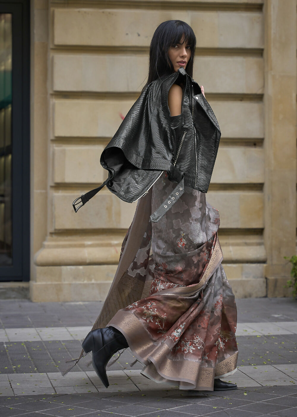 Lovely Brown & Grey Polly Brasso Designer Saree - Emponline - Distacart