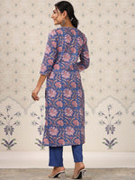 Thumbnail for Ode by House of Pataudi Blue Floral Printed Regular Pure Cotton Kurti with Trouser - Distacart