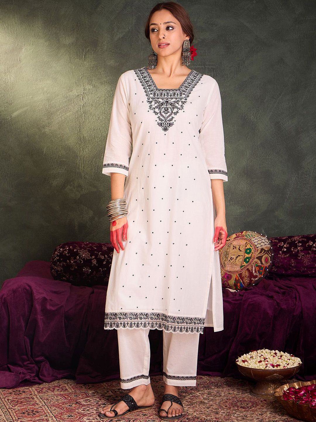 Indo Era Floral Embroidered Thread Work Pure Cotton Kurta With Trousers & Dupatta