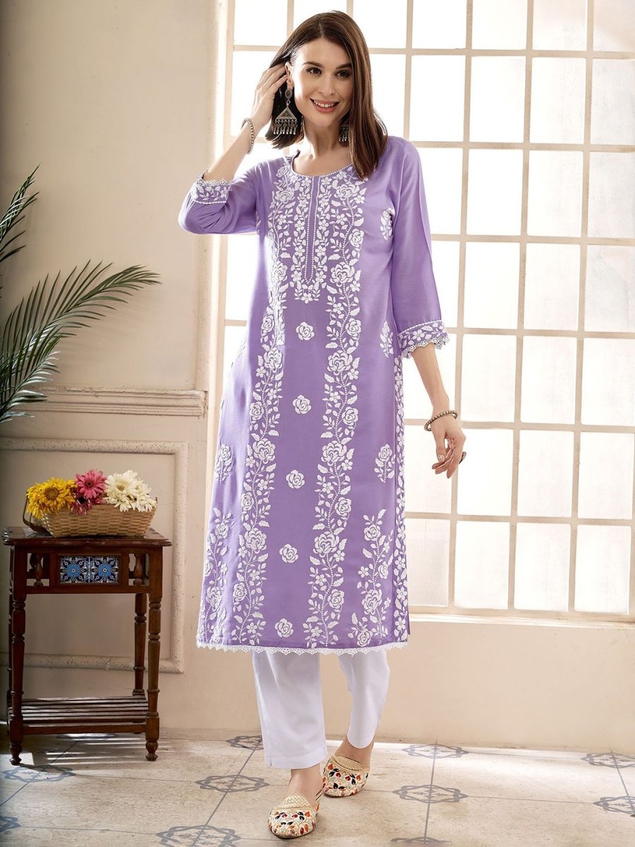 Anouk Floral Embroidered Round Neck Chikankari Straight Kurta - Distacart