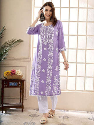 Anouk Floral Embroidered Round Neck Chikankari Straight Kurta - Distacart