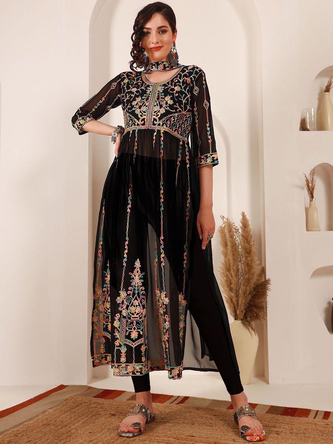 Sangria Black Ethnic Motifs Embroidered Round Neck Georgette Straight Kurta With Dupatta - Distacart