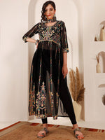Thumbnail for Sangria Black Ethnic Motifs Embroidered Round Neck Georgette Straight Kurta With Dupatta