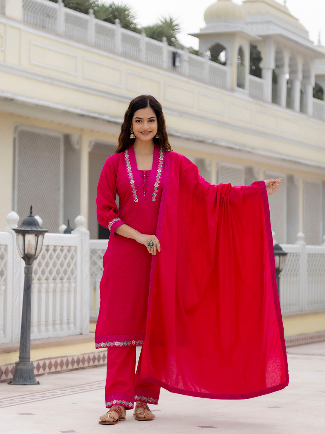 Kalini Floral Embroidered Regular Pure Cotton Thread Work Kurta With Trousers & Dupatta - Distacart
