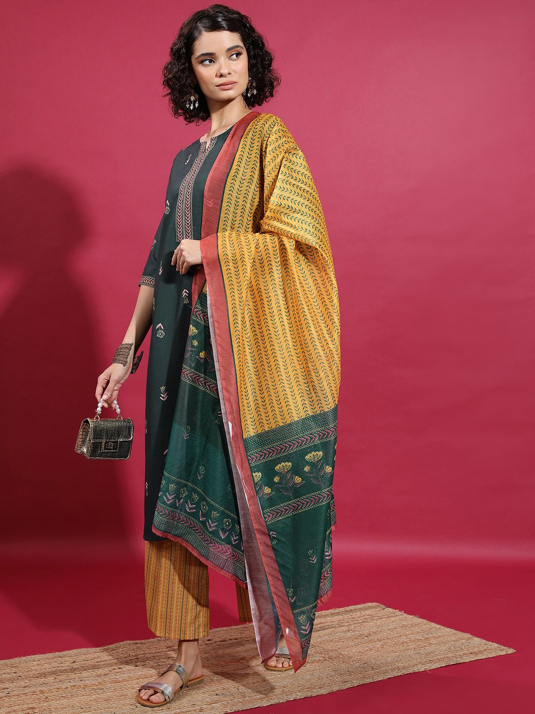 Vishudh Floral Printed Straight Kurta & Palazzos With Dupatta