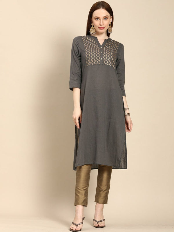 All About You Women Grey Ethnic Motifs Yoke Design Pure Cotton Kurta - Distacart