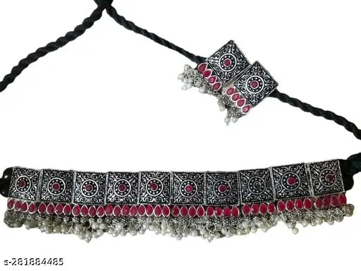 Tehzeeb Creations Women's Oxidised Necklace Set With White Pearl - Distacart