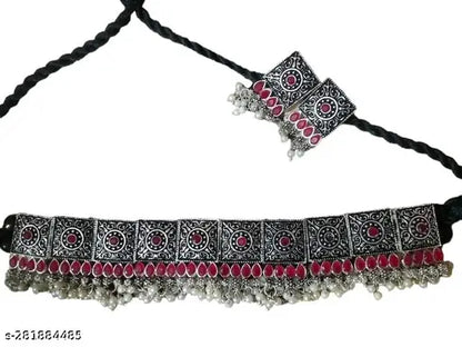 Tehzeeb Creations Women's Oxidised Necklace Set With White Pearl - Distacart