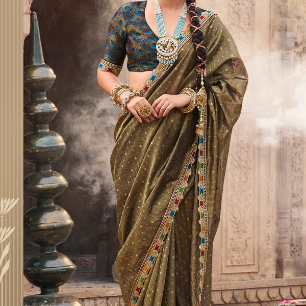 Anaita Designer Dark Mehendi Weaving Soft Tissue Silk Saree With Designer Blouse - Distacart