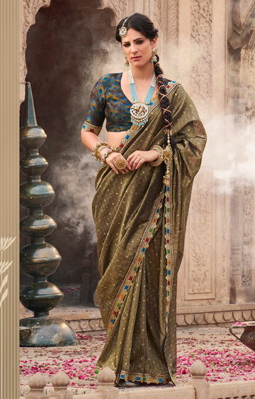Anaita Designer Dark Mehendi Weaving Soft Tissue Silk Saree With Designer Blouse - Distacart