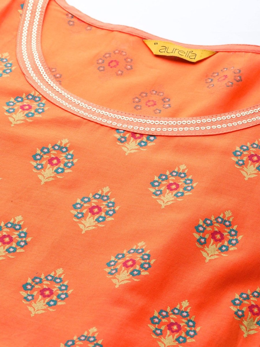 AURELIA Orange & Blue Floral Pure Cotton Ethnic A-Line Midi Dress - Distacart