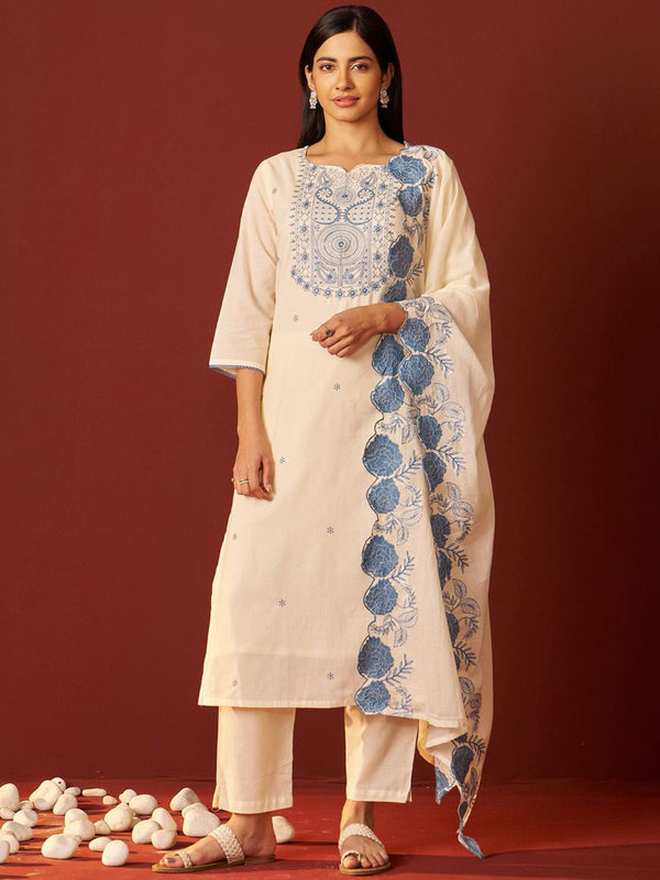 Indo Era Paisley Embroidered Thread Work Pure Cotton Kurta With Trousers And Dupatta