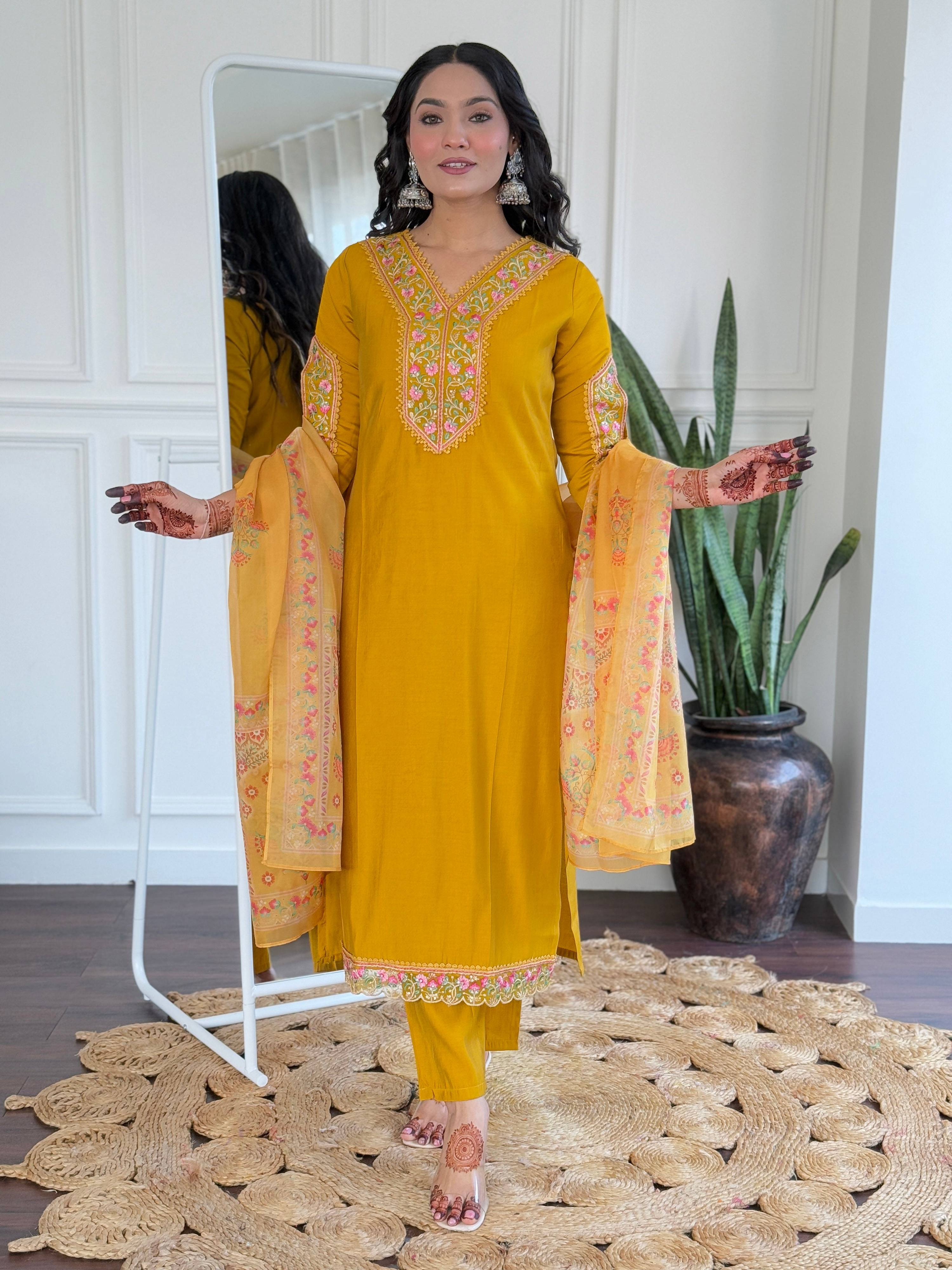 The52 Beautiful Women's Thread work Viscose Fabric Straight Kurta, Pant and Dupatta Set