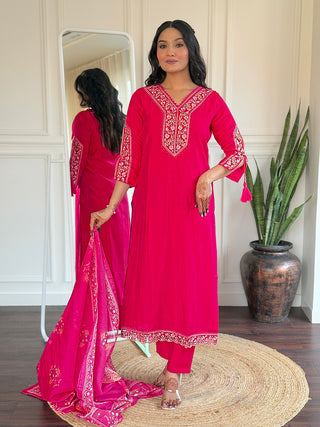 The52 Beautiful Women's Thread work Viscose Fabric Straight Kurta, Pant and Dupatta Set