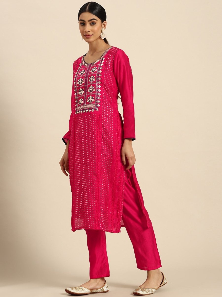 All About You Ethnic Motifs Embroidered Chanderi Silk Kurta with Trousers & With Dupatta - Distacart