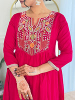 Thumbnail for The52 Women's Red Thread work Vichitra Silk Fabric Straight Kurta, Pant and Dupatta Set