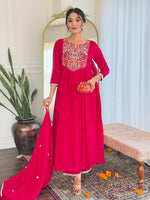 Thumbnail for The52 Women's Red Thread work Vichitra Silk Fabric Straight Kurta, Pant and Dupatta Set
