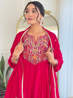 Thumbnail for The52 Women's Red Thread work Vichitra Silk Fabric Straight Kurta, Pant and Dupatta Set