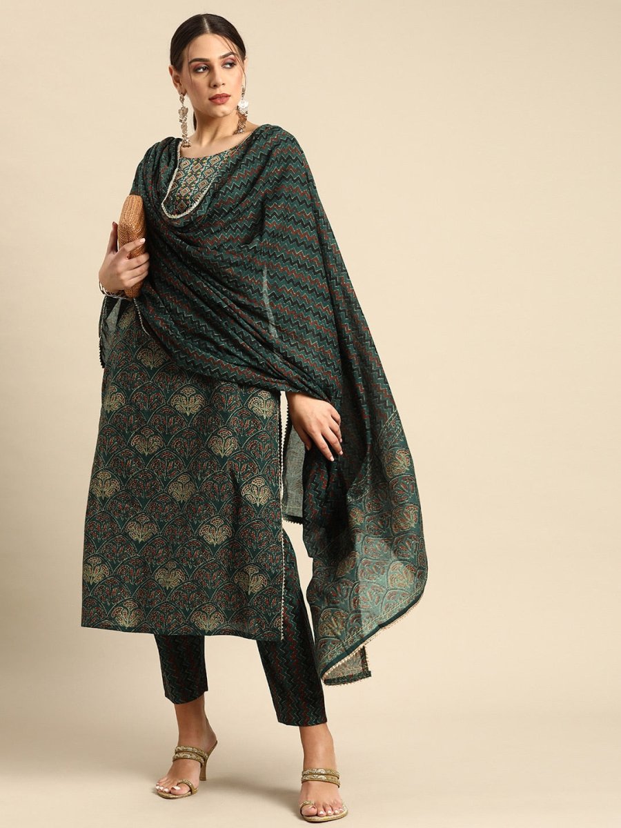 Anouk Green & Rust Red Ethnic Ajrakh Embroidered Cotton Straight Kurta Trousers Dupatta - Distacart