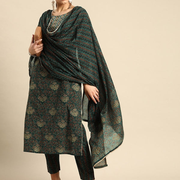 Anouk Green & Rust Red Ethnic Ajrakh Embroidered Cotton Straight Kurta Trousers Dupatta - Distacart