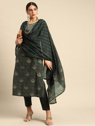Anouk Green & Rust Red Ethnic Ajrakh Embroidered Cotton Straight Kurta Trousers Dupatta - Distacart