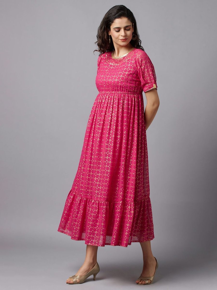 AURELIA Fuchsia & Gold-Toned Ethnic Motifs Ethnic Midi Dress