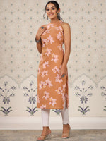 Thumbnail for Ode by House of Pataudi Floral Printed Sleeveless Pure Cotton Straight Kurta - Distacart