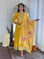 Thumbnail for The52 Women's Beautiful Art Silk Embroidered Flared Kurta with Pant And Dupatta Set