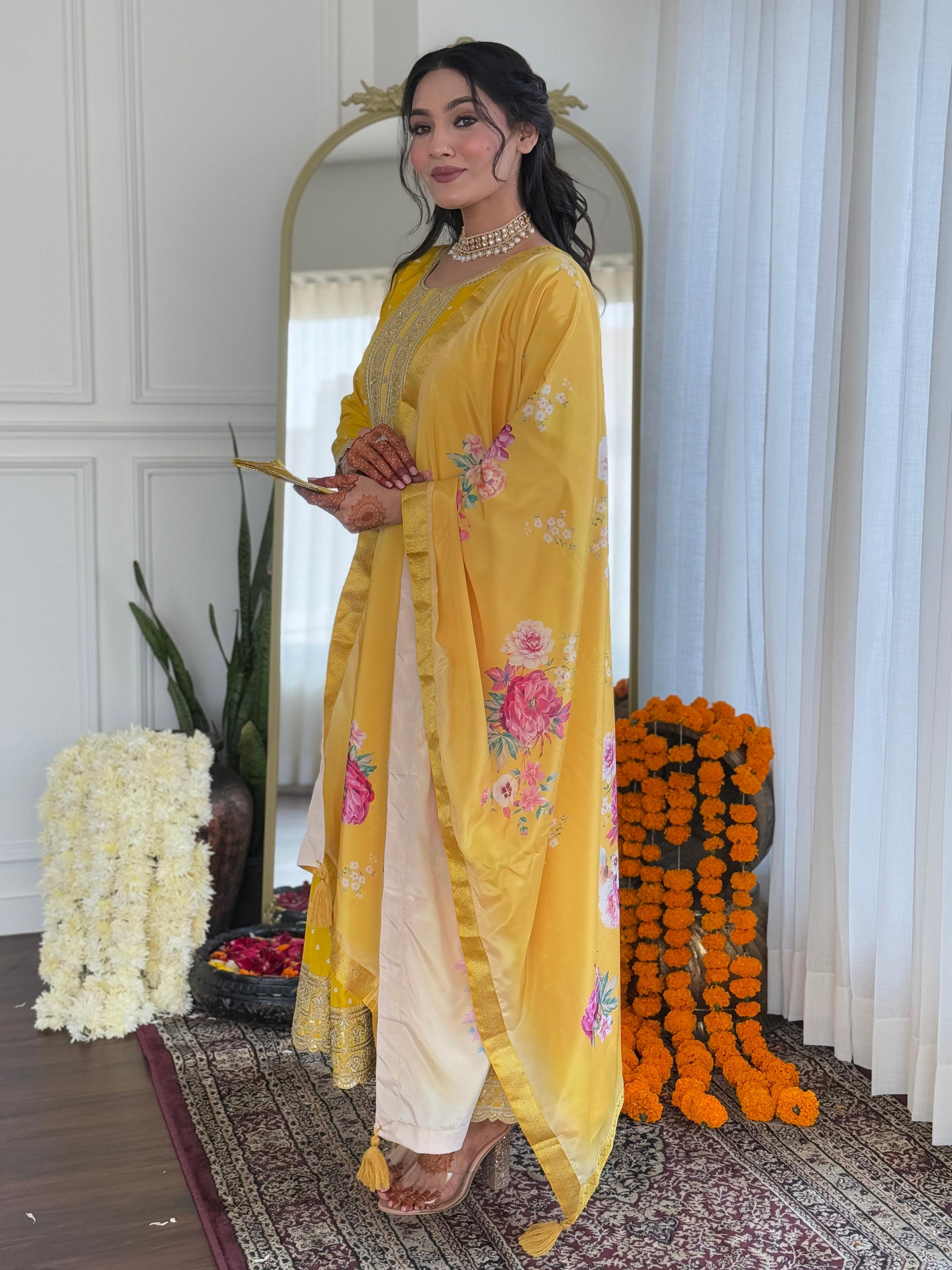 The52 Women's Beautiful Art Silk Embroidered Flared Kurta with Pant And Dupatta Set