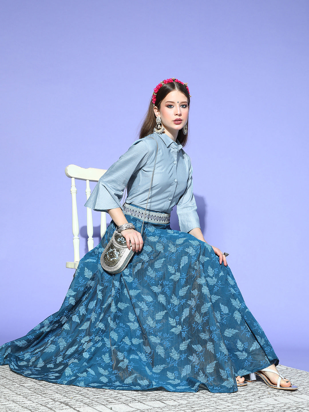 InWeave Blue & Grey Chanderi Skirt Fusion Set - Distacart