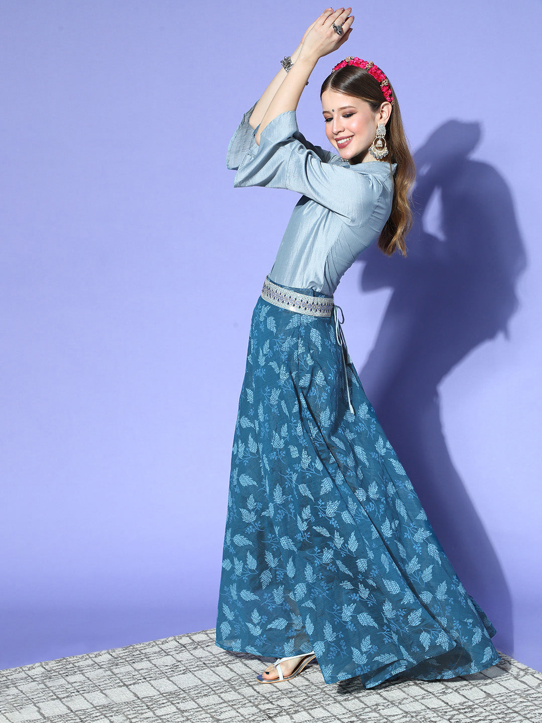 InWeave Blue & Grey Chanderi Skirt Fusion Set - Distacart