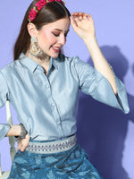 Thumbnail for InWeave Blue & Grey Chanderi Skirt Fusion Set
