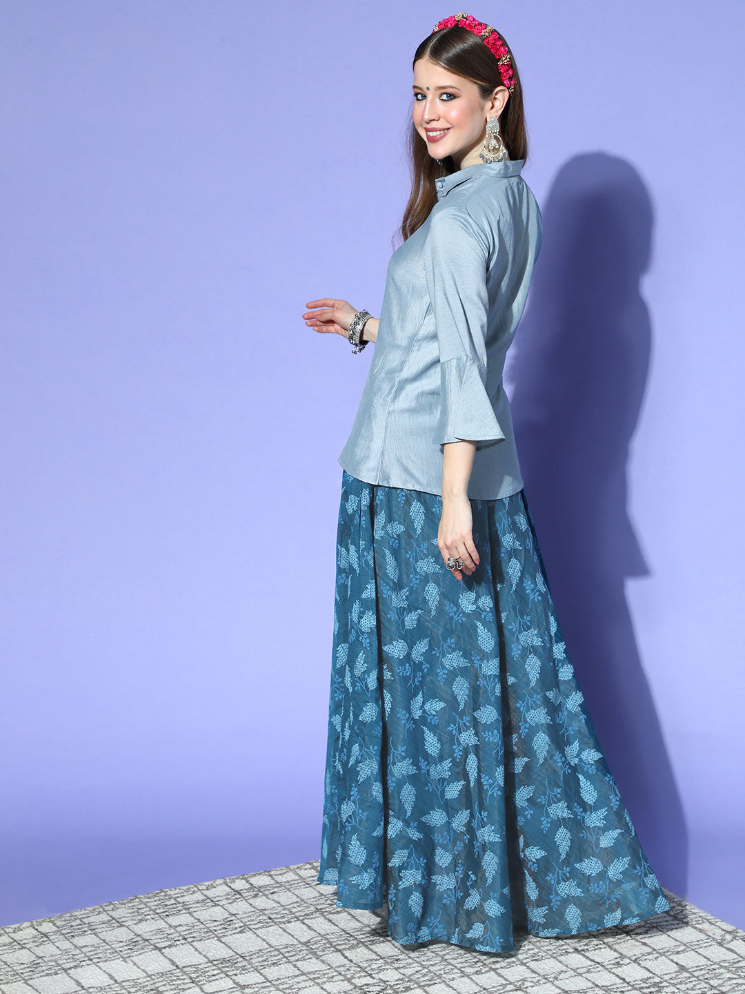 InWeave Blue & Grey Chanderi Skirt Fusion Set - Distacart