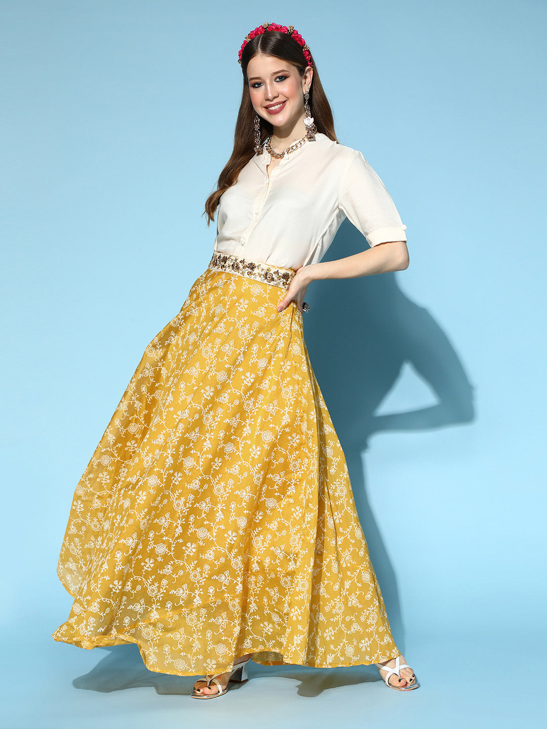 InWeave Yellow & White Chanderi Skirt Fusion Set - Distacart