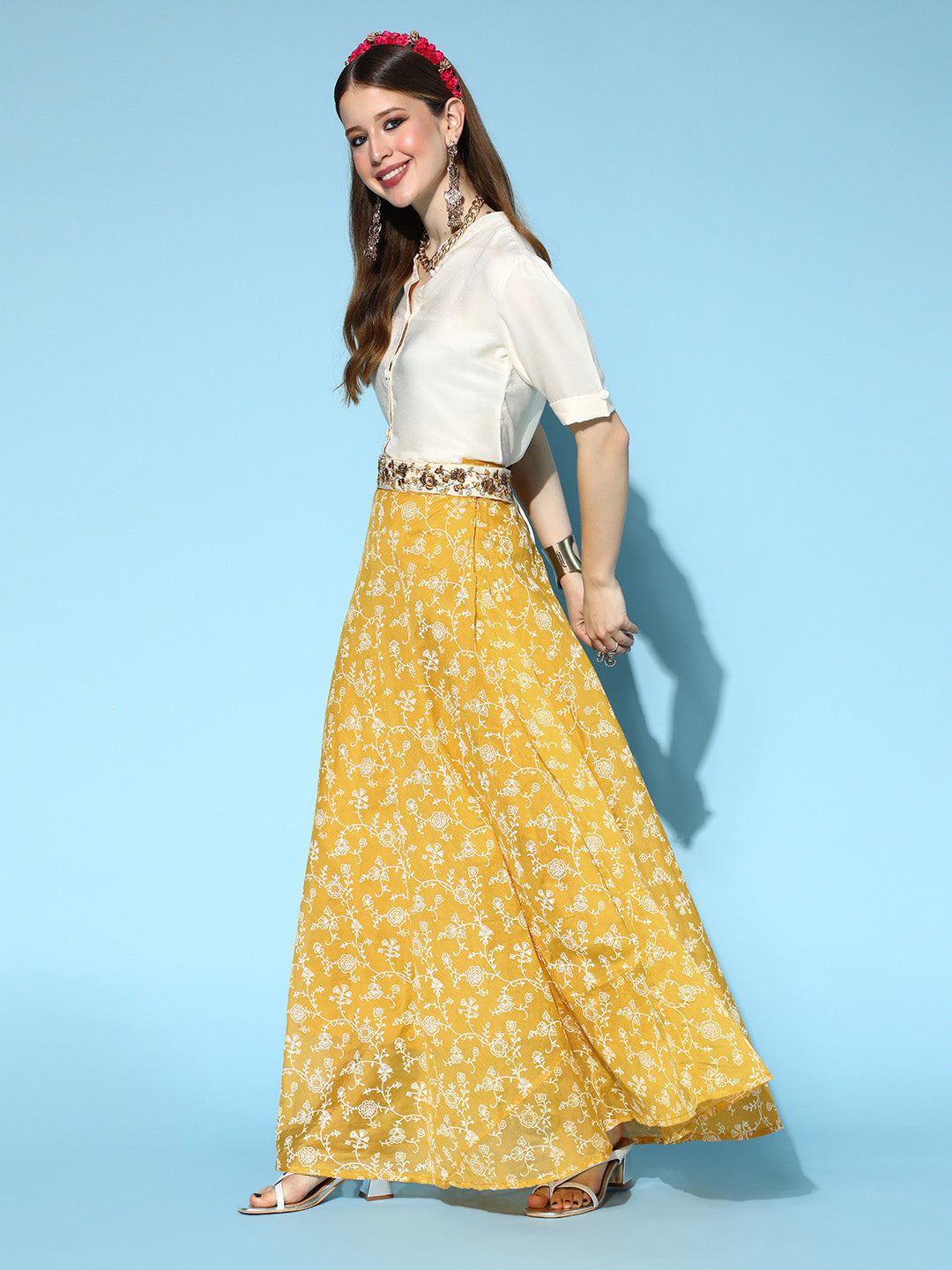 InWeave Yellow & White Chanderi Skirt Fusion Set - Distacart