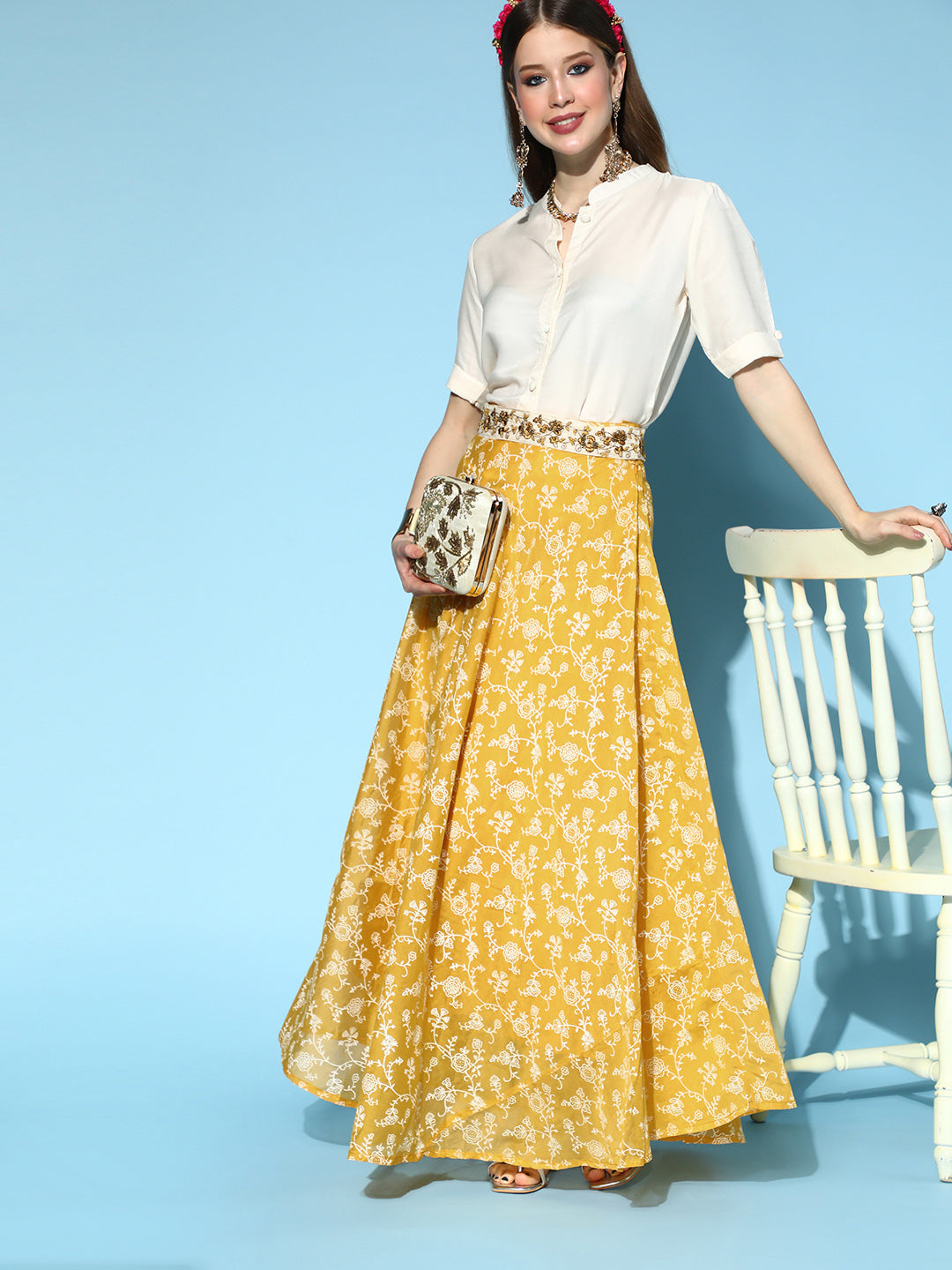 InWeave Yellow & White Chanderi Skirt Fusion Set