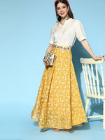 Thumbnail for InWeave Yellow & White Chanderi Skirt Fusion Set