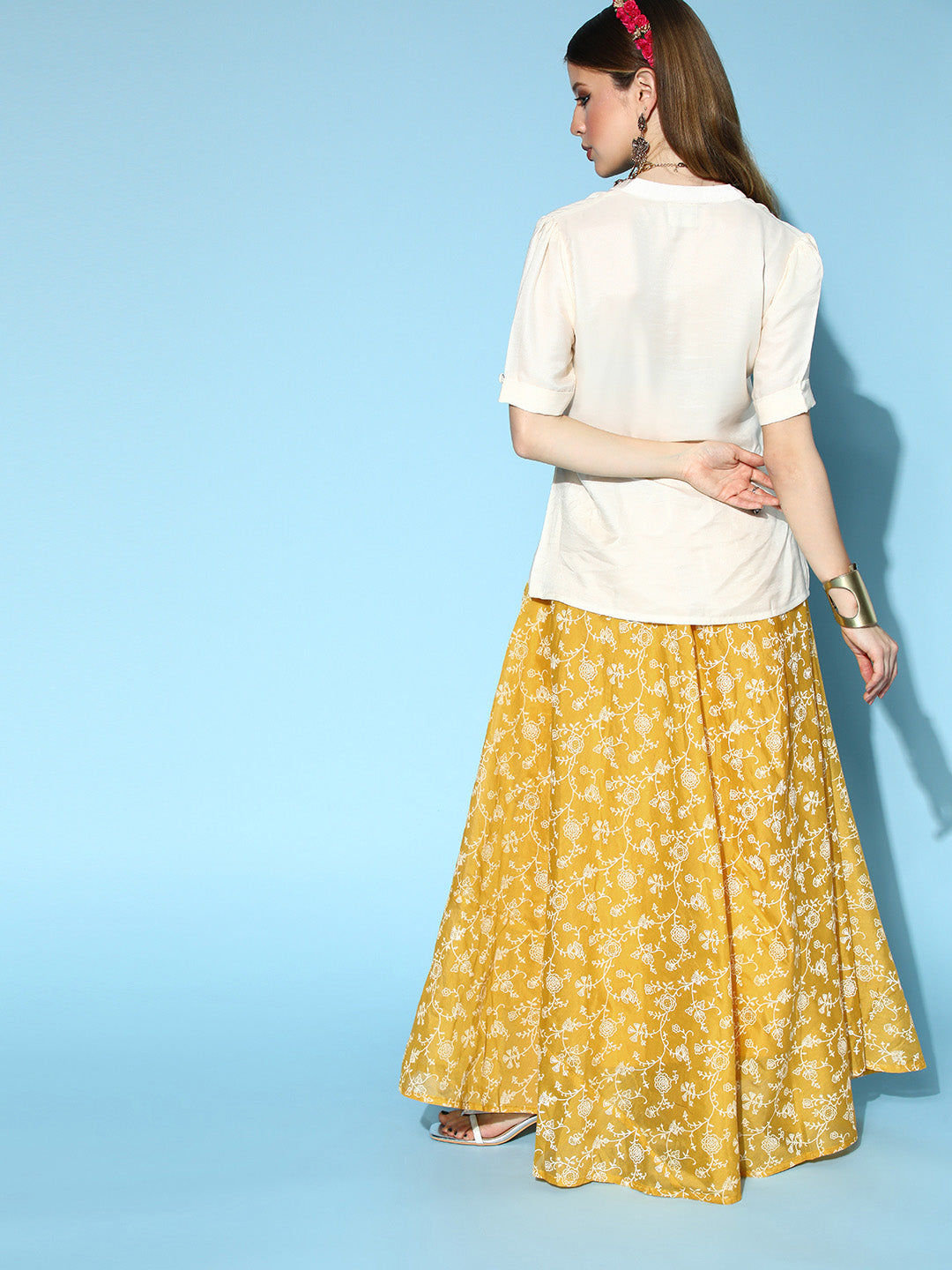 InWeave Yellow & White Chanderi Skirt Fusion Set